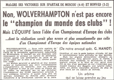 Extract from lequipe 15 December 1954 when Hanot proposed the creation of a European Cup