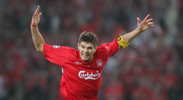 Steven Gerrard is rallying the team to the victory in the Champions League 2005 final at Istanbul